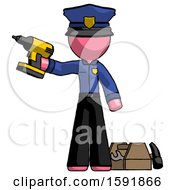 Poster, Art Print Of Pink Police Man Holding Drill Ready To Work Toolchest And Tools To Right