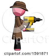 Pink Detective Man Using Drill Drilling Something On Right Side