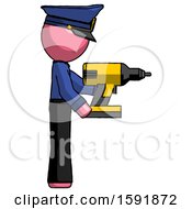 Poster, Art Print Of Pink Police Man Using Drill Drilling Something On Right Side