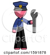 Poster, Art Print Of Pink Police Man Holding Wrench Ready To Repair Or Work