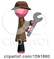 Poster, Art Print Of Pink Detective Man Using Wrench Adjusting Something To Right