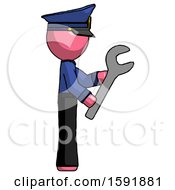 Poster, Art Print Of Pink Police Man Using Wrench Adjusting Something To Right