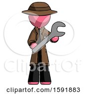 Pink Detective Man Holding Large Wrench With Both Hands