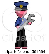 Poster, Art Print Of Pink Police Man Holding Large Wrench With Both Hands