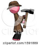 Poster, Art Print Of Pink Detective Man Hammering Something On The Right