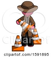 Poster, Art Print Of Pink Detective Man Holding A Traffic Cone