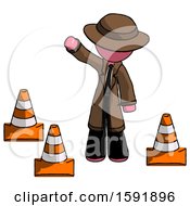 Poster, Art Print Of Pink Detective Man Standing By Traffic Cones Waving