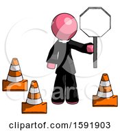Poster, Art Print Of Pink Clergy Man Holding Stop Sign By Traffic Cones Under Construction Concept