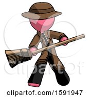 Pink Detective Man Broom Fighter Defense Pose