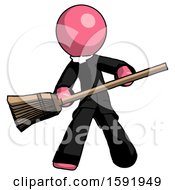 Pink Clergy Man Broom Fighter Defense Pose