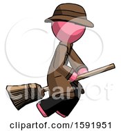 Pink Detective Man Flying On Broom