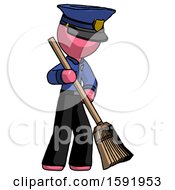 Poster, Art Print Of Pink Police Man Sweeping Area With Broom