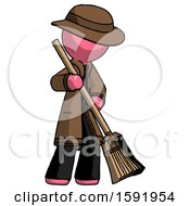 Poster, Art Print Of Pink Detective Man Sweeping Area With Broom