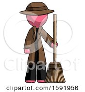 Pink Detective Man Standing With Broom Cleaning Services