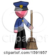 Poster, Art Print Of Pink Police Man Standing With Broom Cleaning Services