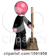 Pink Clergy Man Standing With Broom Cleaning Services