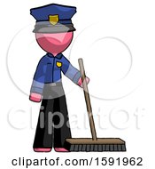 Pink Police Man Standing With Industrial Broom