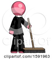Pink Clergy Man Standing With Industrial Broom