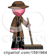 Pink Detective Man Standing With Industrial Broom