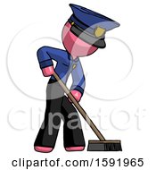 Poster, Art Print Of Pink Police Man Cleaning Services Janitor Sweeping Side View