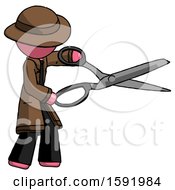 Poster, Art Print Of Pink Detective Man Holding Giant Scissors Cutting Out Something