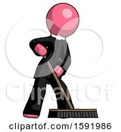 Poster, Art Print Of Pink Clergy Man Cleaning Services Janitor Sweeping Floor With Push Broom