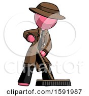 Pink Detective Man Cleaning Services Janitor Sweeping Floor With Push Broom