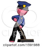 Poster, Art Print Of Pink Police Man Cleaning Services Janitor Sweeping Floor With Push Broom