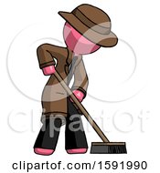 Poster, Art Print Of Pink Detective Man Cleaning Services Janitor Sweeping Side View