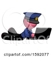 Poster, Art Print Of Pink Police Man Using Laptop Computer While Lying On Floor Side Angled View