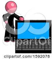 Poster, Art Print Of Pink Clergy Man Beside Large Laptop Computer Leaning Against It