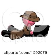 Poster, Art Print Of Pink Detective Man Using Laptop Computer While Lying On Floor Side Angled View