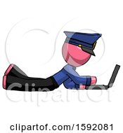 Poster, Art Print Of Pink Police Man Using Laptop Computer While Lying On Floor Side View