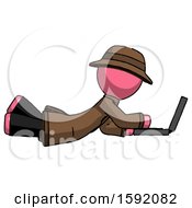 Poster, Art Print Of Pink Detective Man Using Laptop Computer While Lying On Floor Side View