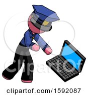 Poster, Art Print Of Pink Police Man Throwing Laptop Computer In Frustration