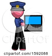 Poster, Art Print Of Pink Police Man Holding Laptop Computer Presenting Something On Screen