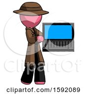 Poster, Art Print Of Pink Detective Man Holding Laptop Computer Presenting Something On Screen