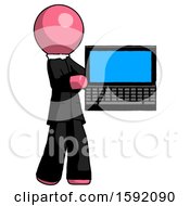 Pink Clergy Man Holding Laptop Computer Presenting Something On Screen