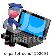 Poster, Art Print Of Pink Police Man Using Large Laptop Computer