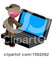 Pink Detective Man Using Large Laptop Computer