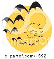 Circling Vortex Of Vampire Bats Silhouetted Against A Full Moon Clipart Illustration