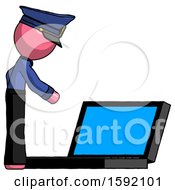 Poster, Art Print Of Pink Police Man Using Large Laptop Computer Side Orthographic View