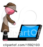 Poster, Art Print Of Pink Detective Man Using Large Laptop Computer Side Orthographic View