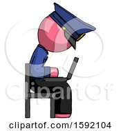 Poster, Art Print Of Pink Police Man Using Laptop Computer While Sitting In Chair View From Side