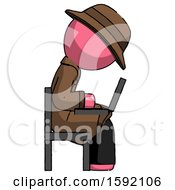 Poster, Art Print Of Pink Detective Man Using Laptop Computer While Sitting In Chair View From Side