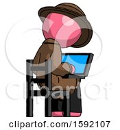 Poster, Art Print Of Pink Detective Man Using Laptop Computer While Sitting In Chair View From Back