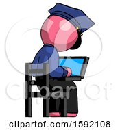 Poster, Art Print Of Pink Police Man Using Laptop Computer While Sitting In Chair View From Back