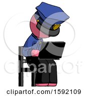 Poster, Art Print Of Pink Police Man Using Laptop Computer While Sitting In Chair Angled Right