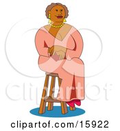 Beautiful African American Woman In A Pink Gown Gold Earrings And A Golden Necklace Seated On A Stool Clipart Illustration
