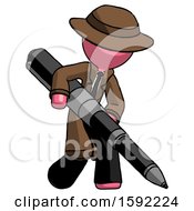 Poster, Art Print Of Pink Detective Man Writing With A Really Big Pen
